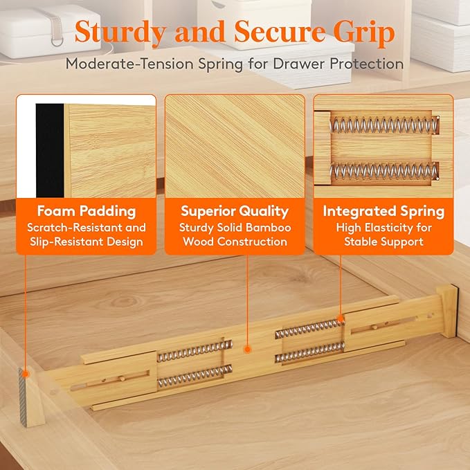 Lifewit 4 Pack Bamboo Drawer Dividers 2.4" High, 17.5-22" Kitchen Drawer Organizers, Adjustable Wooden Drawer Dividers for Clothes, Expandable Drawer Separators for Dresser, Bedroom, Bathroom, Cabinet