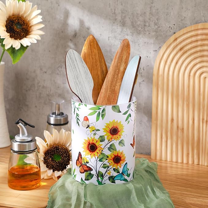 Kitchen Decorations Utensil Holder Acrylic Utensil Crock Spoon Kitchen Organizer for Countertop Coffee Spoon Holder Jar for Cooking Tools(Sunflower)