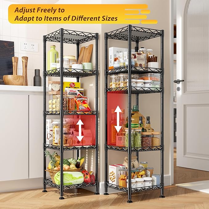 Set of 2 Storage Shelves-5 Tier Metal Shelving Adjustable Wire Shelves Standing Shelf Units Narrow Shelf for Kitchen Pantry Closet Office 12''Wx12''Dx49''H Black
