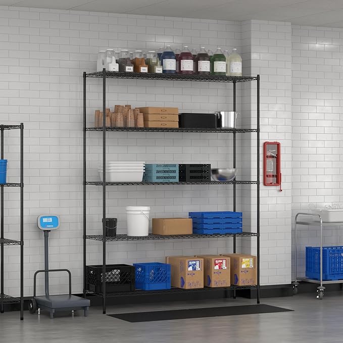 Commercial NSF Listed Black Epoxy Stationary Wire Shelving Kit 21" x 72" x 96", with 5 Shelves Perfect for Warehouse, Walk-in Refrigerator, Freezer, Grocery Store, Restaurant, Dishroom