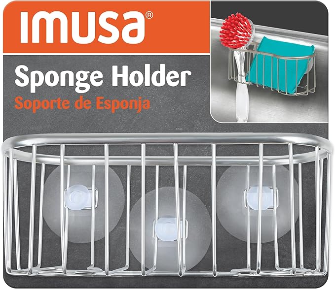 Best Brands IMUSA Sponge Holder for Kitchen Sink—Brushed Metal Sink Organizer with Triple Suction Cups, Compact Caddy for Sponges, Brushes, Soap & Everyday Kitchen Cleaning Essentials