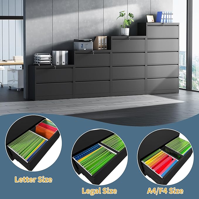 4 Drawer File Cabinet with Lock, Lateral Filing Cabinets,Metal Storage Filing Cabinets for Home Office, Heavy Duty File Cabinet for Letter/Legal/A4/F4 Size Amsseble Required, Black