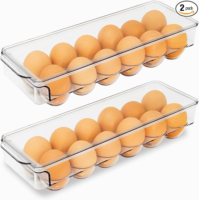 Egg Holder for Fridge 12 count 2 Pack Egg Container for Refrigerator Clear Stackable with Lid & Handles