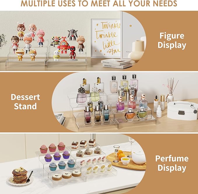 Anglelife 8 Pieces Large Display Risers, 4" Wide Clear Rectangular Tabletop Shelf for Showcase Collectibles, Acrylic Stand for Retail Desktop Jewelry Funko Pop Figures