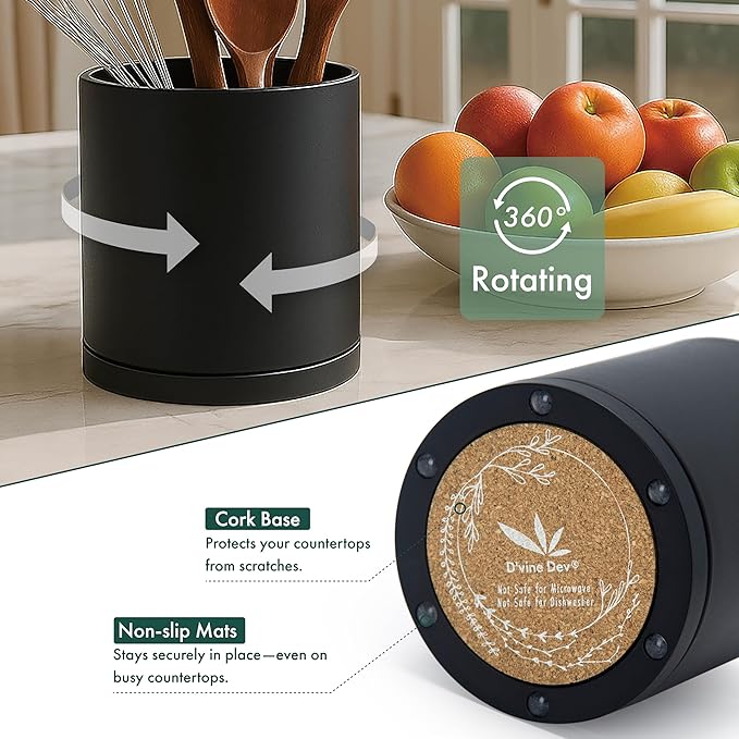 D'vine Dev 360° Rotating Utensil Holder – 5" Kitchen Utensil Crock for Countertop, Modern Cooking Tool Organizer for Kitchen Storage & Décor, Set of 2, Black, 72-Y-B-1