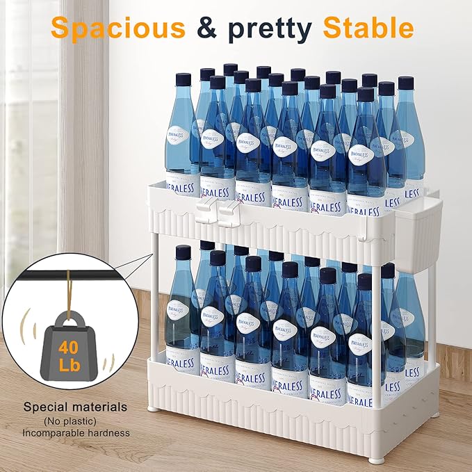 Sevenblue 2 Pack Under Sink Organizer, Under Bathroom Cabinet Organizer with Hooks Hanging Cup, Multi-Purpose Storage Shelf for Kitchen Bathroom (White, L)