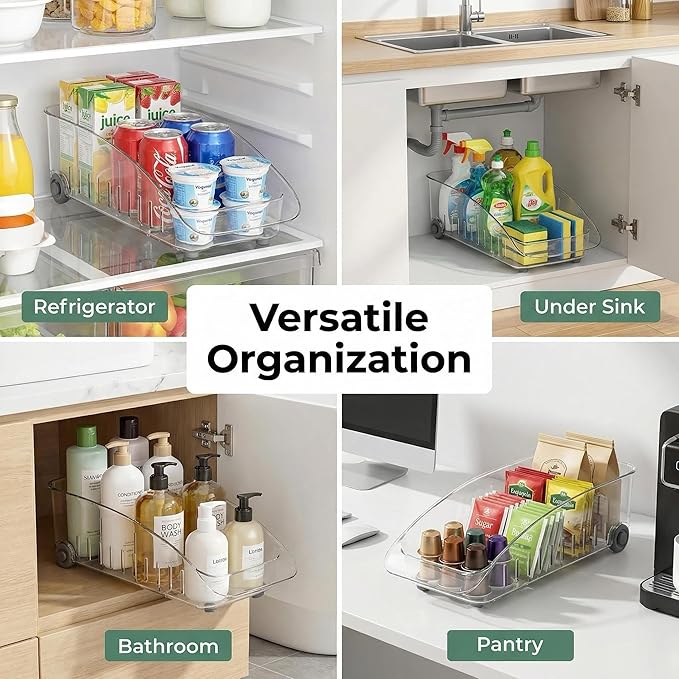 Refrigerator Organizer Bin with Wheels and Adhesive Utensil Holder Wall Mount Kitchen Rack Rail with 4 Hooks, Roll Out Pantry Storage with Dividers, Fridge Organizers and Storage