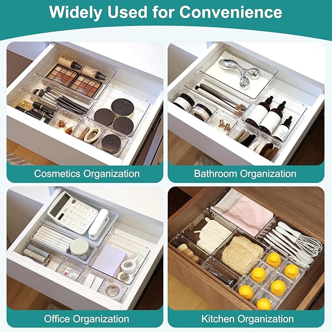 14 Pcs Drawer Organizer for Makeup/Office Supplies/Vanity/Desk Drawer Organizers, Acrylic Organizers, Shallow Drawer Organizers with Lid Design