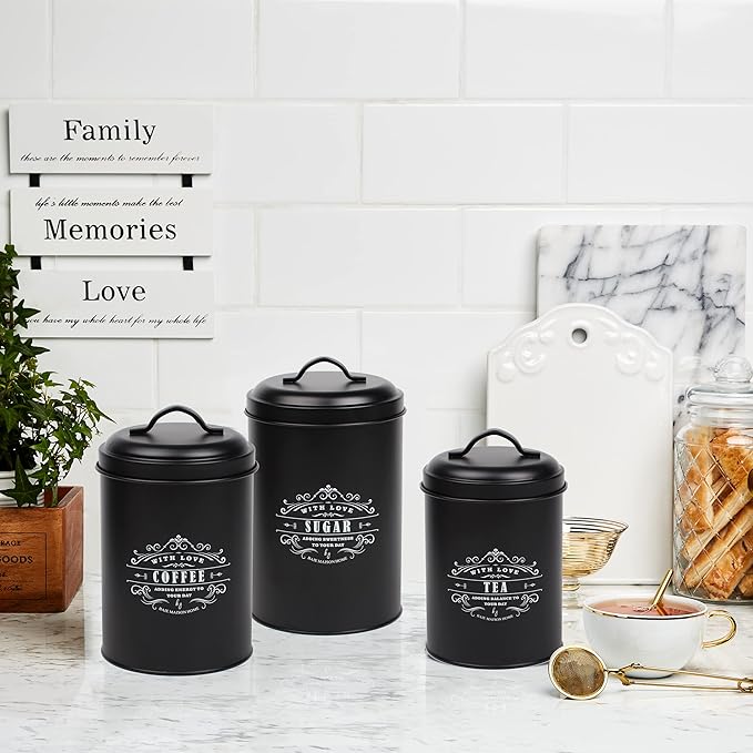 Baie Maison Extra Large Black Farmhouse Bread Box for Kitchen Countertop - Holds 2+ Loaves for All Your Bread Storage with Matching Large Kitchen Canisters Set of 3 - Coffee Tea Sugar Container Set