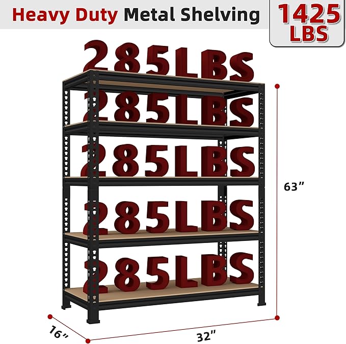 5 Tier Garage Storage Shelves - 32" W x 16" D x 63" H Adjustable Heavy Duty Metal Shelving Unit, Garage Shelving Utility Storage Rack for Basement, Pantry, Kitchen, Black, 4 PCS