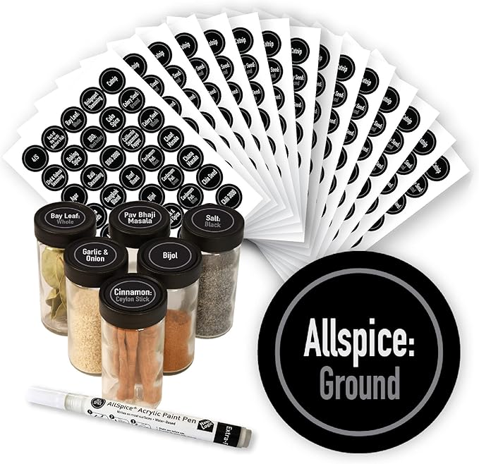 AllSpice Ultimate Spice label Set 525 Preprinted Water Resistant Round Spice Jar Labels Set 1.5" with Extra Fine White Paint Pen(Modern Black)