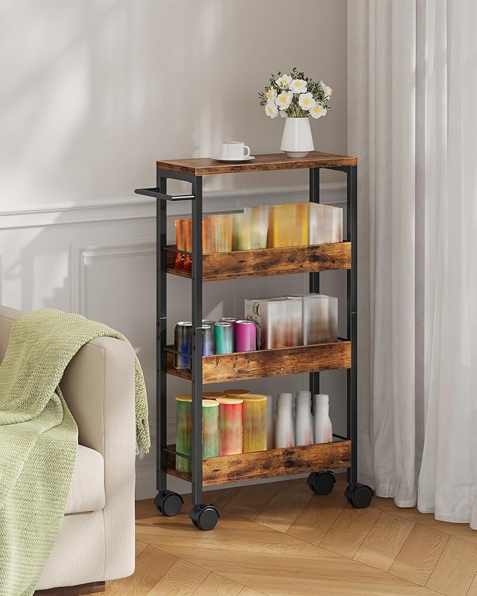 CHOEZON 4-Tier Slim Storage Cart, 7.1'' Kitchen Serving Trolley, Slim Rolling Cart with Handle and Guard Rails, Slim Cabinet for Small Spaces, for Dining Room, Rustic Brown and Black TTC02BF