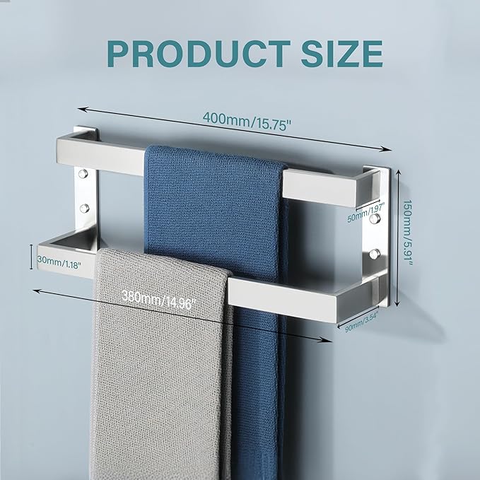 Alise Double-Layer Towel Bar, Brushed Nickel Towel Racks for Bathroom Wall Mounted, Stainless Steel Bathroom Towel Holder, Modern Space Saving Towel Rod, 16"