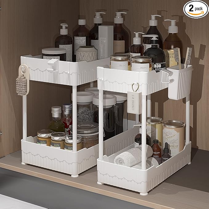 Sevenblue 2 Pack Under Sink Organizer, Under Bathroom Cabinet Organizer with Hooks Hanging Cup, Multi-Purpose Storage Shelf for Kitchen Bathroom (White, L)