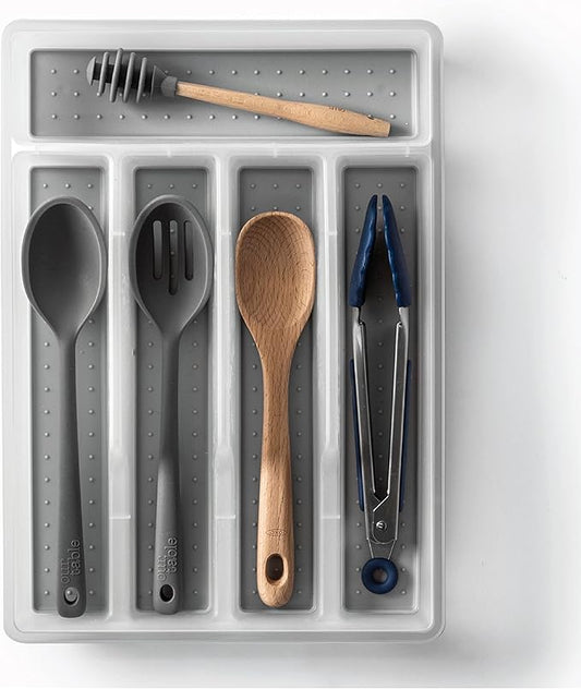BINO | 5-Slot Silverware Organizer | Small Frosted Cutlery Tray | Silverware Storage for Drawer | BPA-Free Plastic Organizers with Soft-Grip Lining and Rounded Corners