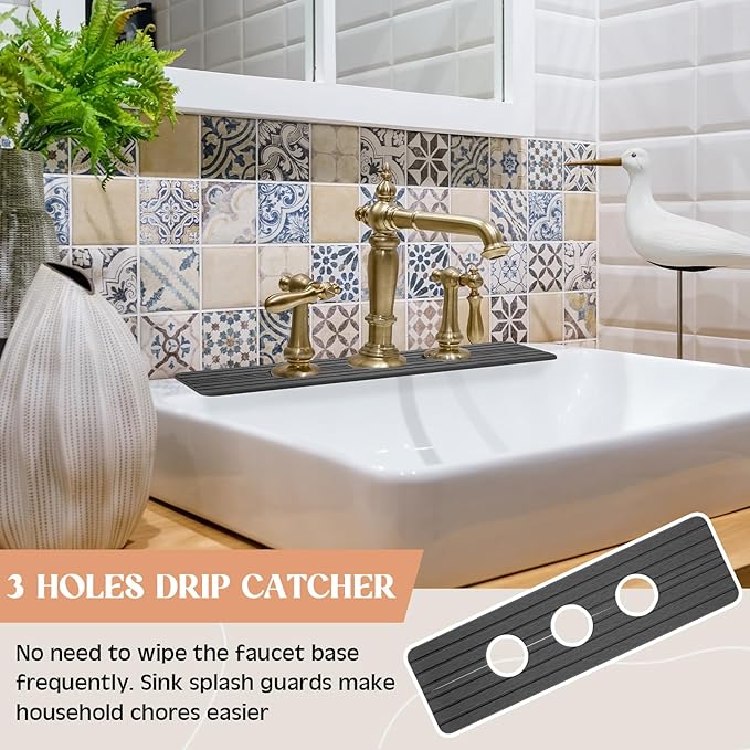 Teenyyou 3 Hole Gray Faucet Mat for Kitchen Sink 16.1" x 5" Kitchen Faucet Absorbent Mat Diatomite Splash Guard for Sink Quick Drying Stone Drip Catcher for Bathroom Counter