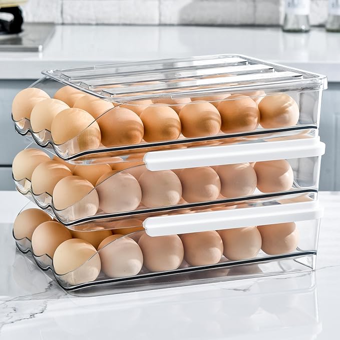 Egg holder for fridge, Egg organizer for refrigerator, Automatic Rolling Egg Container, Egg storage Container Organizer, Clear Plastic Egg Tray, Egg dispenser, Egg rack (Double-layers)