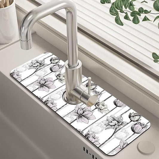 Water Lily Flower Kitchen Sink Splash Guard Mat Absorbent Fast Drying Mat Faucet Draining Mat Sink Splash Guard Behind Faucet Drip Catcher for Kitchen Bathroom 5.5"×15"