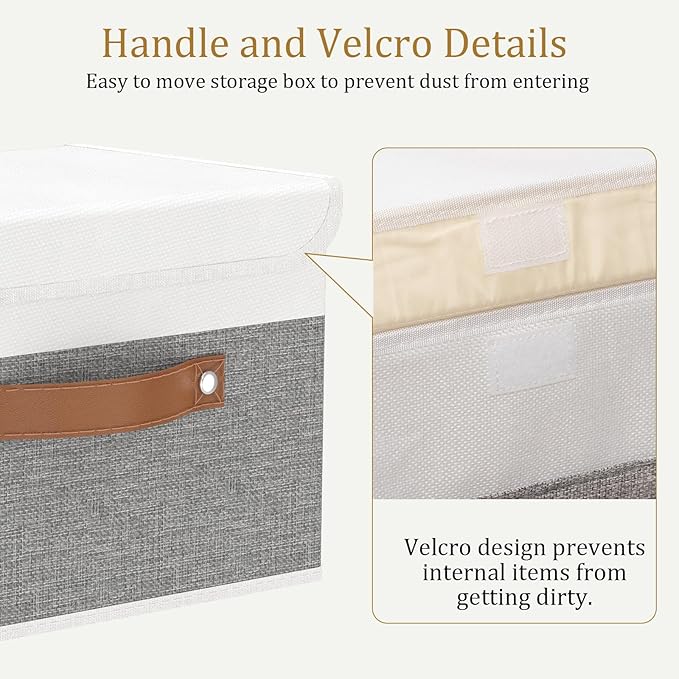 OUTBROS Storage Box with Lid Large, Linen Fabric Wardrobe Containers, Collapsible Organiser For Towels, Clothes, 17.7 x 11.8 x 11.8 inch (White/Grey, 5-Pack)