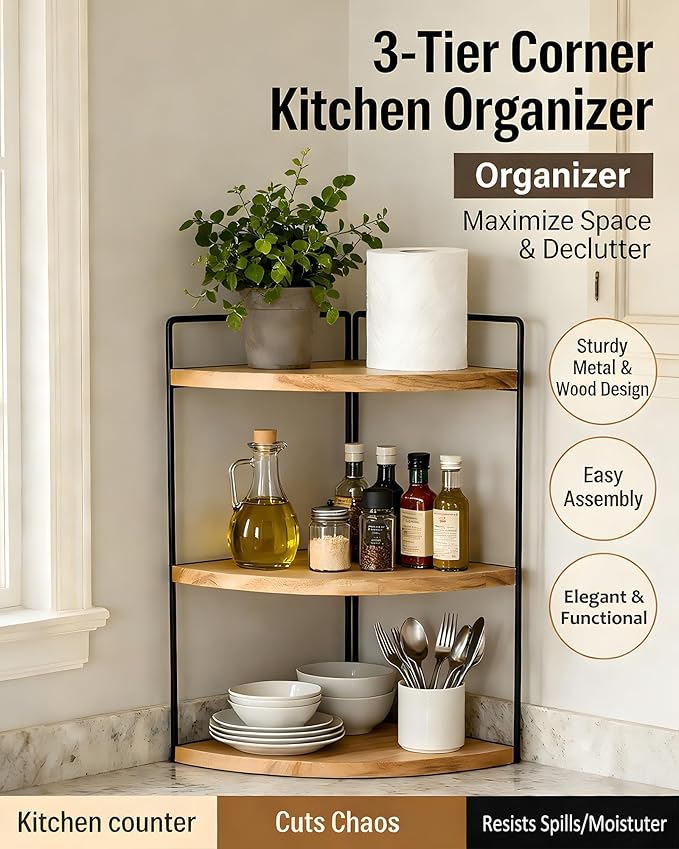 Corner Bathroom Countertop Organizer, 3-Tier Rustic Wood Corner Shelf with Sturdy Metal Frame, Waterproof Vanity Storage for Cosmetics & Toiletries, Space Saving Rack for Kitchen, Natural