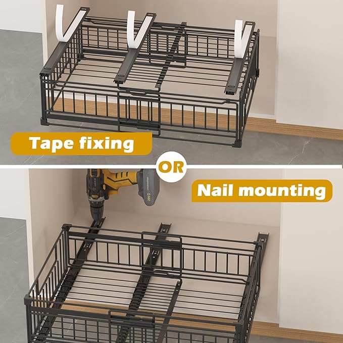 REALINN 2 Pack Pull Out Cabinet Organizer, Expandable(12"-20") Slide Out Drawers 3 Slide Rails Fix with Adhesive or Screw, Roll Out Shelves for Kitchen Cabinet Organization, Black, 6.75in height