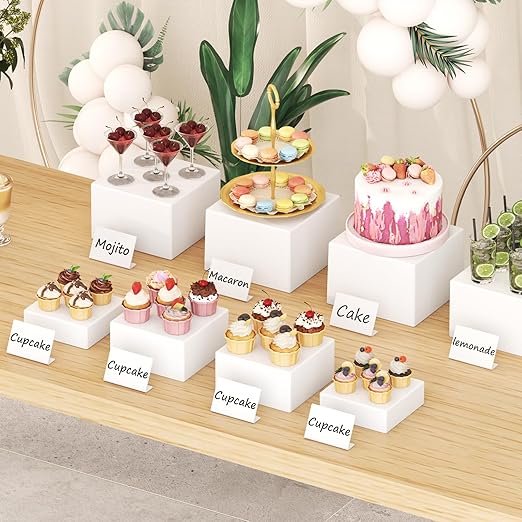 Lifewit 8 PCS Buffet Risers and Stands, Food Risers for Buffet Table, Catering Dessert Cake Holder for Party, Collectibles Jewelry Display Shelf, Nesting Cube Boxes, White, (6",7",7.8",8.3")