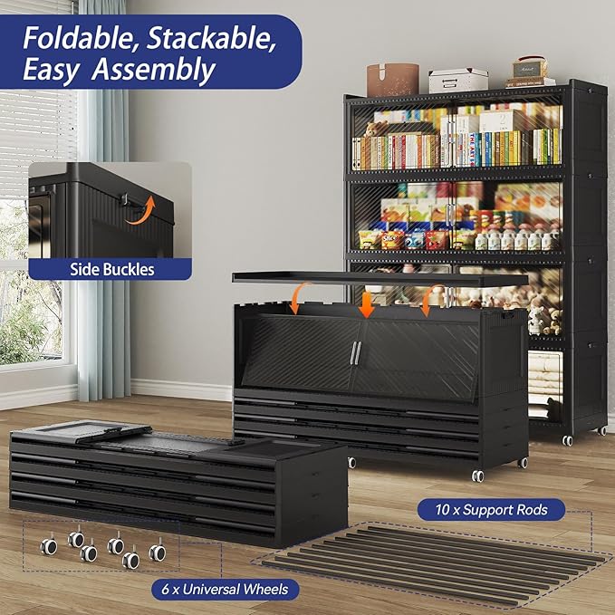 Fangtueh 320 Gallon Extra Large Collapsible Storage Bin with Lid, 960QT Stackable Plastic Organizer with 6x Wheels, Foldable Drawer Cabinet for Closet, Living Room Office, Kitchen 4Pack, Black