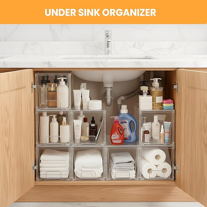 6 Pack Large Stackable Storage Drawers, Acrylic Bathroom Undersink Closet organizers and storage, Clear Plastic Bins for Pantry, Kitchen Cabinets, Makeup, Perfume, Baby Bottles, Medicine Organization