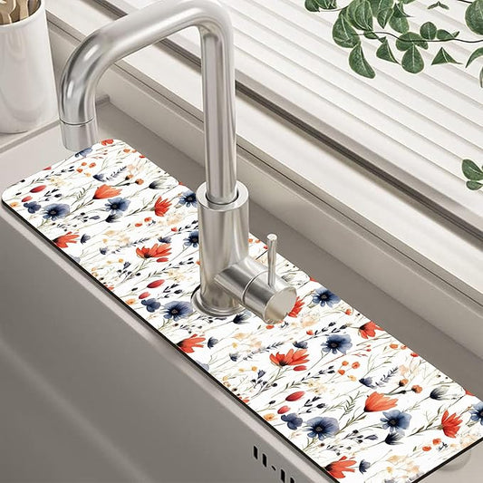 Watercolor Red and Blue Flowers Sink Faucet Absorbing Mat Sink Splash Guard Faucet Mat Draining Mat Fast Drying Sink Protectors for Kitchen and Bathroom 5.5"×24"