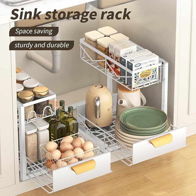 CHIKESI Under Sink Organizer - 2 Tier Pull Out Cabinet Organizer with Sliding Drawers, Adjustable Metal Storage Shelf for Kitchen & Bathroom, Space Saving Storage Solution (White, 1-Pack)