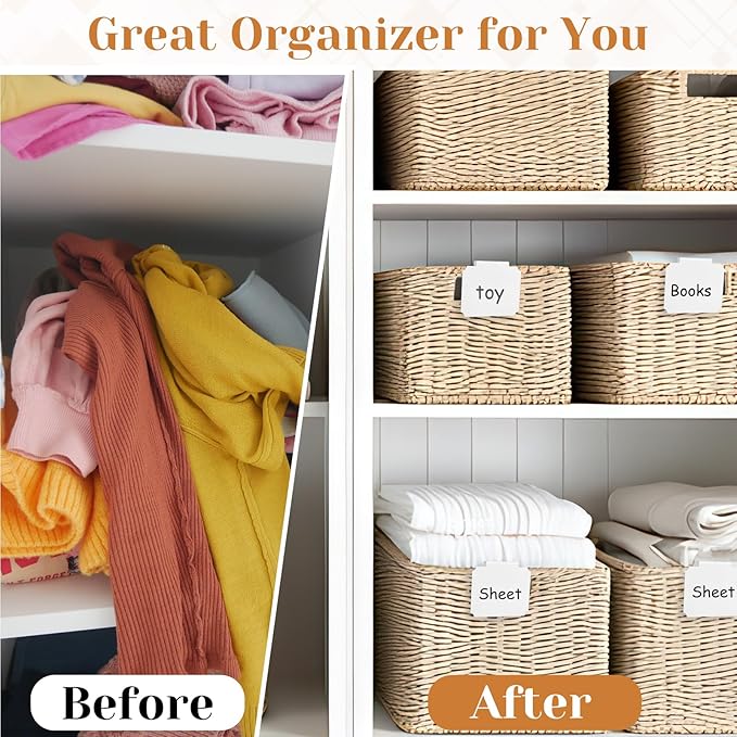 YooNotee 50 Pcs White Basket Labels Clip with 4 Black Chalk Markers Reusable Plastic Storage Bin Erasable Labels Kitchen Pantry PVC Tag Stickers for Fabric Cubes Basket Box Organization