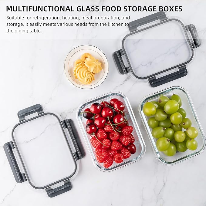 10 Pack 22 oz Glass Meal Prep Containers, Food Storage Containers with Lids, Airtight Leakproof Lunch Containers for Kitchen, Freezer, Microwave, Dishwasher Safe (Grey)