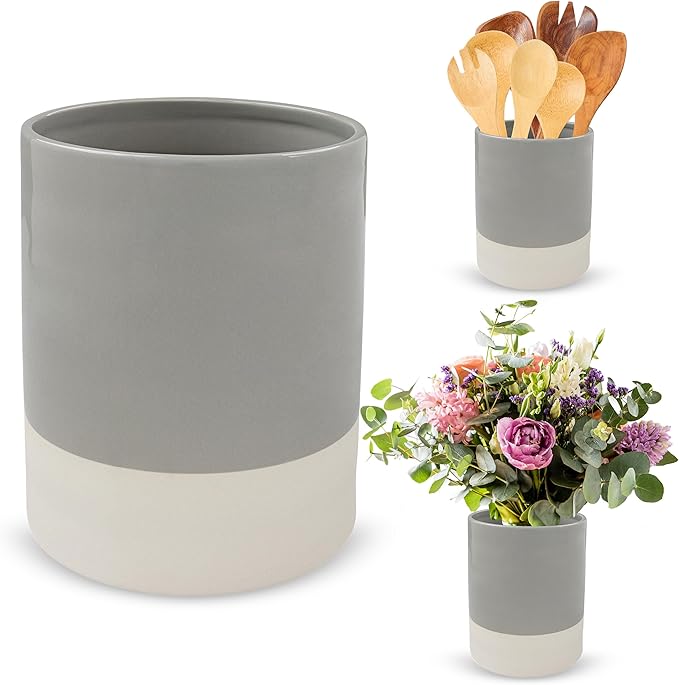 7Penn Kitchen Utensil Holder for Countertop - Jumbo Gray and White Primitive Cooking Utensils Crock for Counter Decor - Glossy and Matte Ceramic Kitchen Tools Organizer Jar for Spatulas