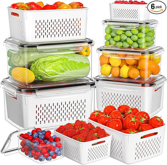 6 PCS Fruit Storage Containers for Fridge with 6 Removable Colanders, BPA Free Food Storage Containers, Dishwasher & Microwave Safe Produce Containers Keep Fruits, Vegetables, Berry, Meat Fresh Longer
