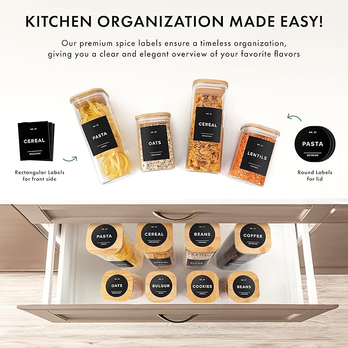 Minimalist Pantry Labels - 114 Self-Adhesive, Waterproof & Oil-Resistant Kitchen Labels for Organizing Storage Bins, Jars & Containers (Black)