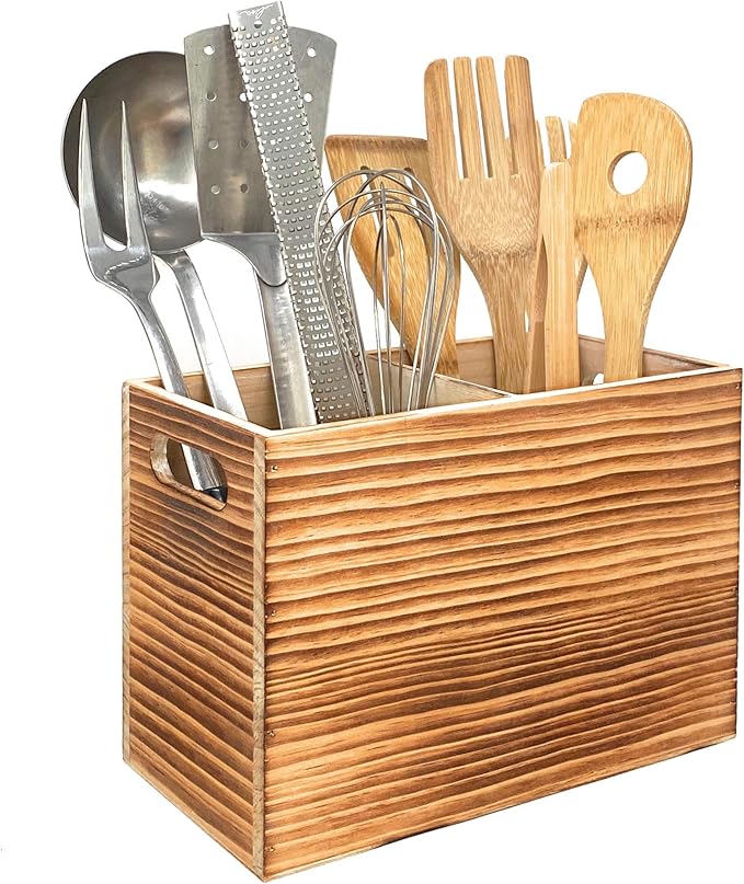 CB Accessories Wood Utensil Holder for Kitchen Counter - 2 Compartment Large Utensil Crock Organizer for Countertop - Tool Holder for Spatula - Farmhouse Decor