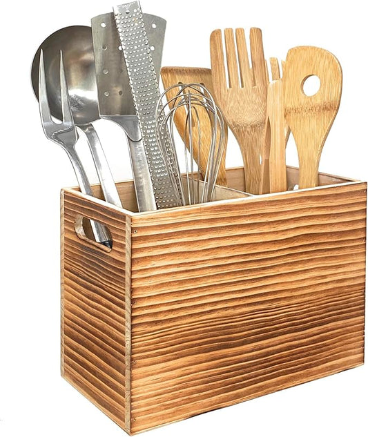 CB Accessories Wood Utensil Holder for Kitchen Counter - 2 Compartment Large Utensil Crock Organizer for Countertop - Tool Holder for Spatula - Farmhouse Decor