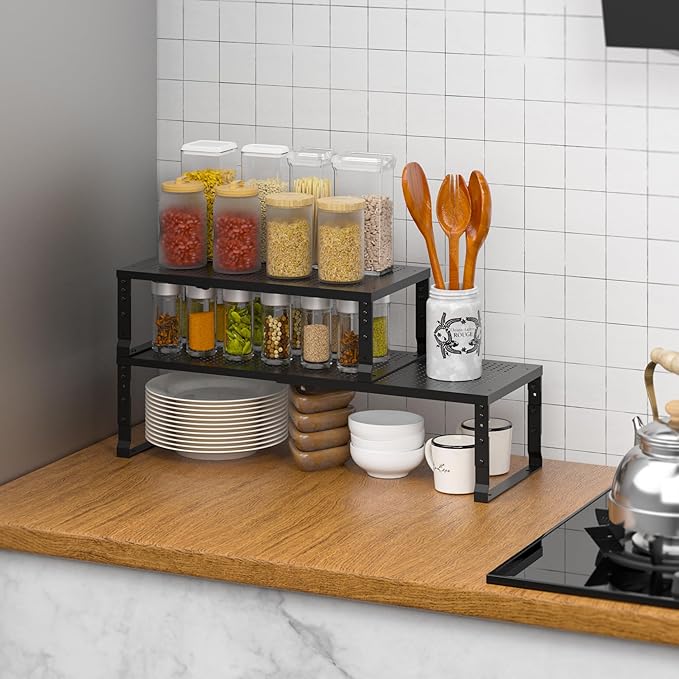 Flat Top Storage Rack - Expandable 16.5"~27" W Countertop Space Saver, Heavy-Duty Steel Construction, Powder Coated Finish for Kitchens, Bathrooms, Workshops or Offices