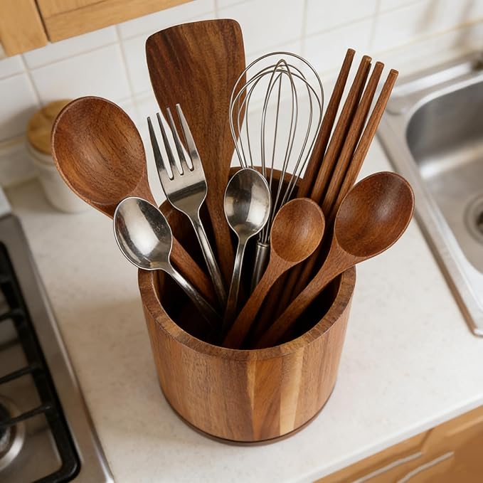 Acacia Wood Utensil Holder 360°Rotating Anti-Tip Design for Kitchen Counter,Cooking Utensil Crock for Countertop , Large Utensil Organizer for Spatula