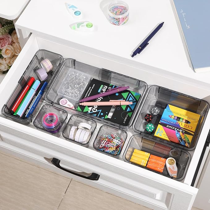 20 Pcs Clear Drawer Organizer, Adjustable Drawer Storage Box, 3-Size Desk Drawer Organizer, Acrylic Storage Bins for Makeup, Kitchen Utensils, Bedroom Dressers Tool Organizer for Gadgets, Black