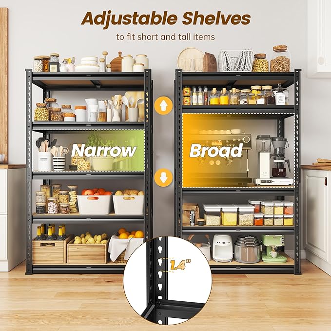 5-Tier Storage Shelves, 1990LBS Adjustable Pantry Shelves, Metal Shelving Unit for Kitchen, Pantry, Closet, Laundry,Garage, 60.01" H x 28.01" W x 14.01" D