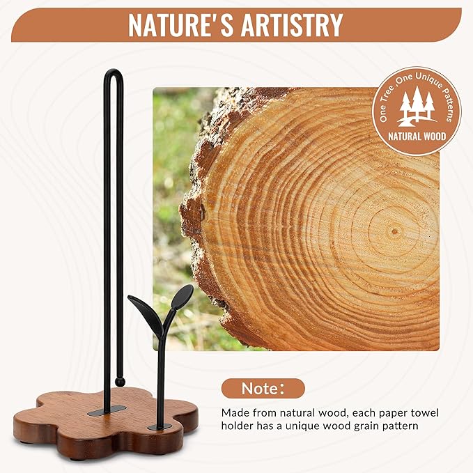 Wood Paper Towel Holder Countertop, Floral Base with Leaf-Shaped Accent Iron Rods, Easy Tear Farmhouse Kitchen Towel Holder for Dining Table