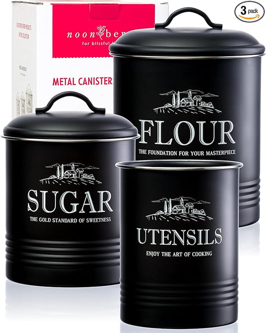 Kitchen Canisters for Countertop – 3-Piece Airtight Canister Set for the Kitchen Counter with Utensil Holder – Flour Sugar Containers – Matte Black Finish