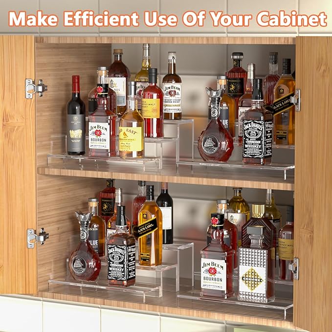 2 Pack Tiers Bar Shelves for Liquor Bottles, 15" Clear Acrylic Risers Display Racks Stands for Figures Pops Cupcake Perfume Collections (Clear)