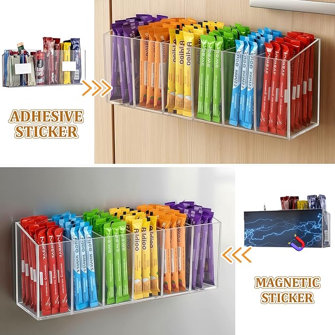 Drink Packet Organizer, Adhesive & Magnetic Water Packet Holder with Removable Divider & 6 Compartment, Clear Acrylic Water Flavor Packet Organization Container for Kitchen Bins Cabinets Organizer