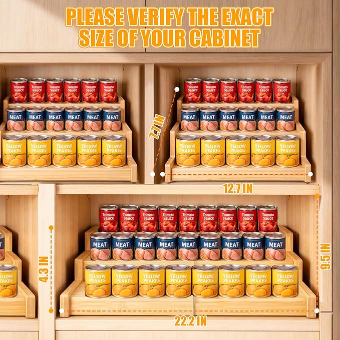 Expandable Bamboo Can Organizer Rack for Pantry Cabinet, 3-Tier Adjustable Can Storage Holder, Soda Organizer Holds Up to 24 Cans, Canned goods Storage Display for Countertop
