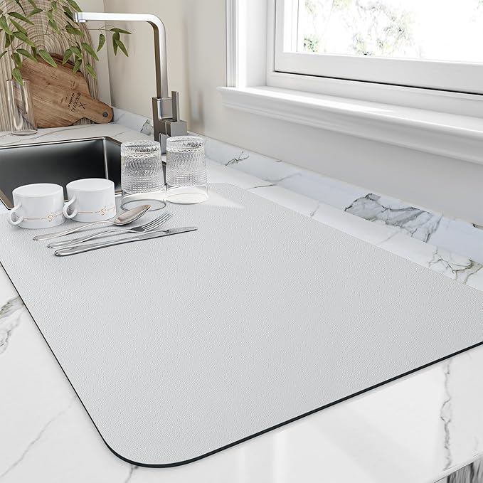 Dish Drying Mat for Kitchen Counter, Heat Resistant Drainer Mats with Non-slip Rubber Backed, Hide Stain Kitchen Super Absorbent Draining Mat, Easy to Clean Dish Rack Pad, Light Grey 18"x32"
