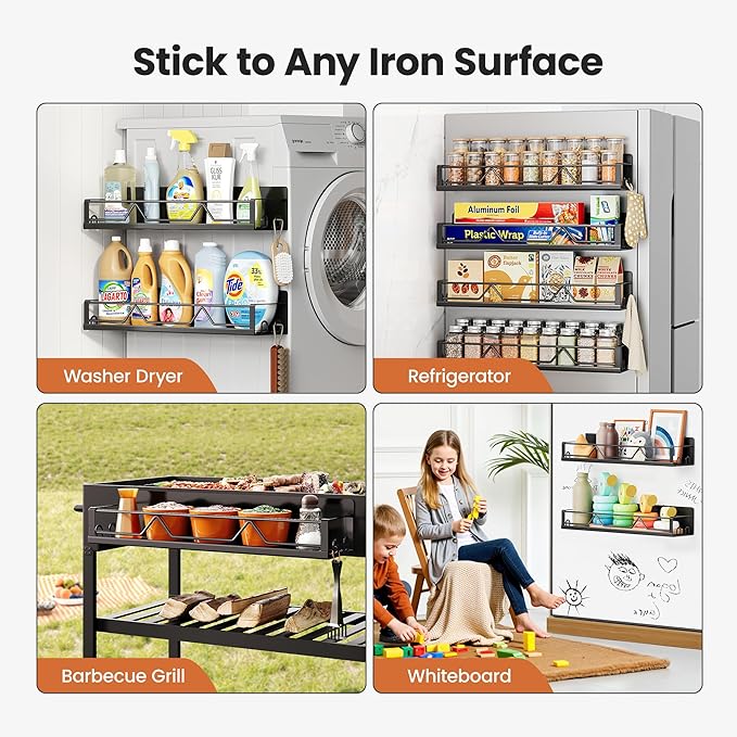 Mystozer 16.9 Inch Wide Large Capacity Magnetic Spice Rack for Refrigerator, 4 Pack Metal Fridge Shelf, Black
