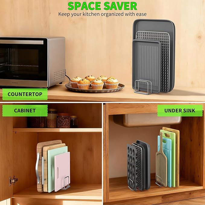 Cutting Board Organizer-1.0in Wide Kitchen Cutting Board Holder Stand for Baking Sheets,Cookie Sheets with 4 Slots,304 Stainless Steel Baking Sheet Oragnizer(1.0 Inch Width Slots)