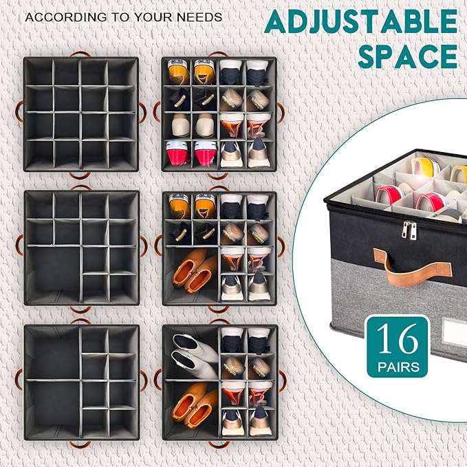 RONCHIL Shoe Organizer for Closet, Foldable Shoe Storage Bins with Clear Cover, Space Saving Shoes Holder with 4 Handles, Large Adjustable Shoe Box Storage Containers, Fits 8-16 Pairs, 2 Pack, Black